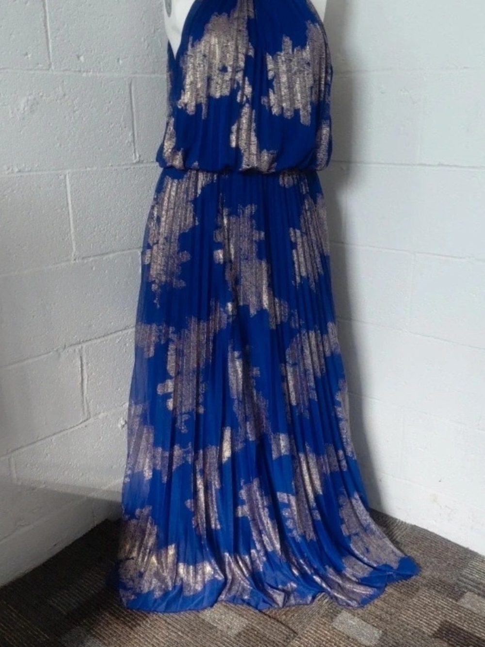 MSK Royal Blue Metallic Floral Pleated Maxi Dress